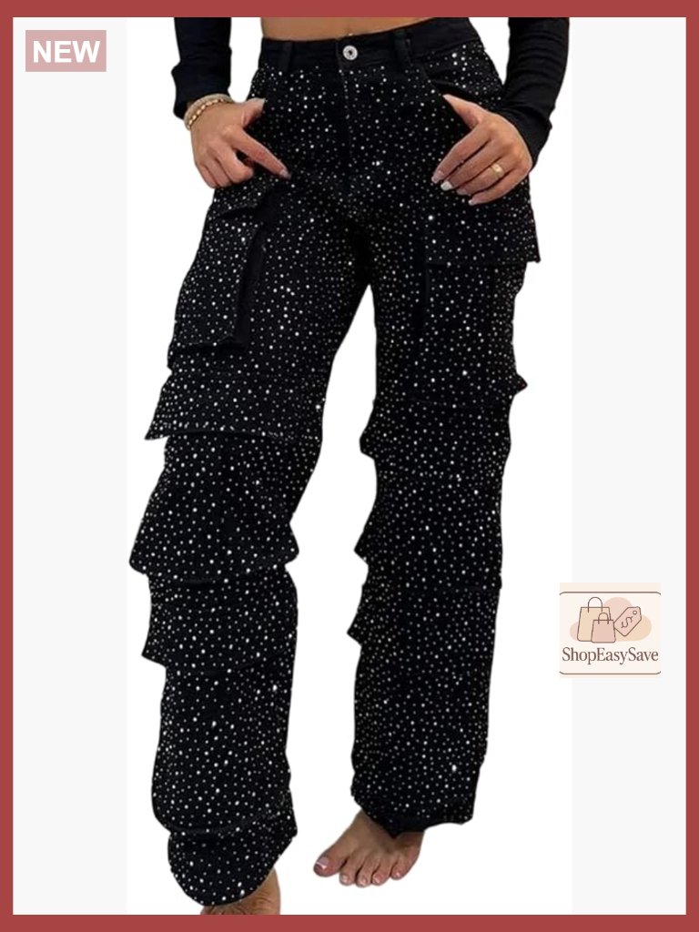 High Waisted Wide Leg Cargo Jeans With Rhinestones Y2k Streetwear Straight